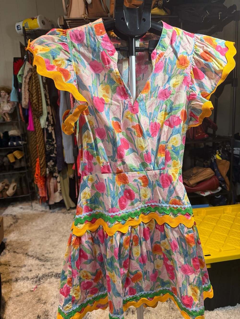 Entro Floral Pattern Ric Rac Trim Ruffle Sleeve Dress